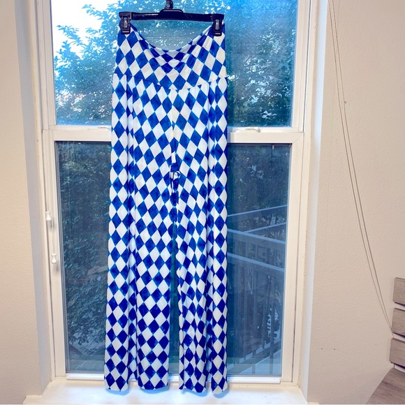 India Boutique Argyle Raw Edge Hem Fold Down Band OS BOHO Flare Leg Pant - Picture 10 of 13